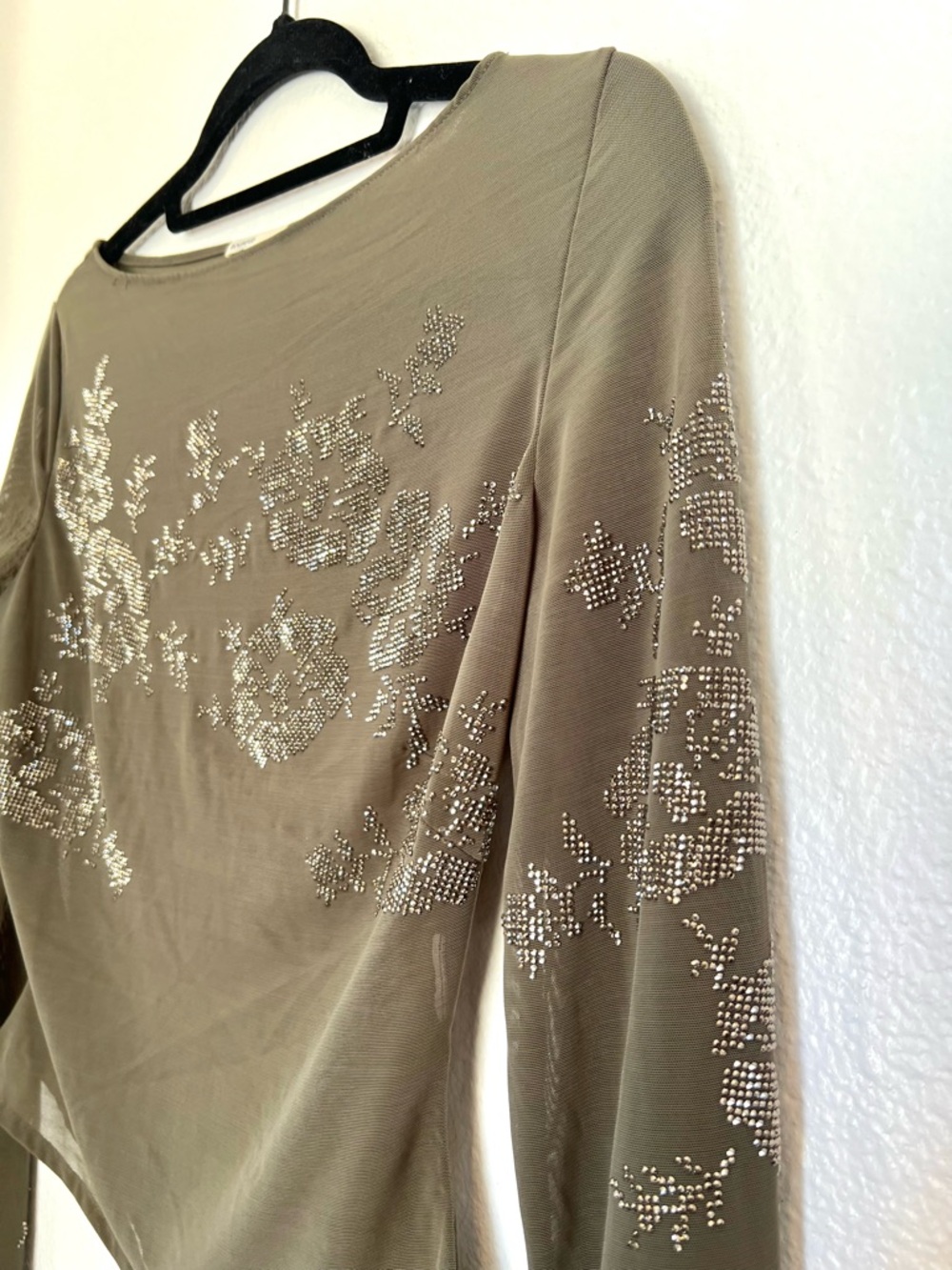 House of CB Angelique olive green sheer crystallized top Long-Sleeve - Picture 9 of 10